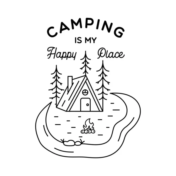 Design des Camping Line Art Logos. Lineares Vintage Adventure Badge Design. Outdoor-Wappenschild mit Hüttenhaus und Lagerlandschaft. Travel Silhouette Emblem isoliert. Aktienvektor isoliert — Stockvektor