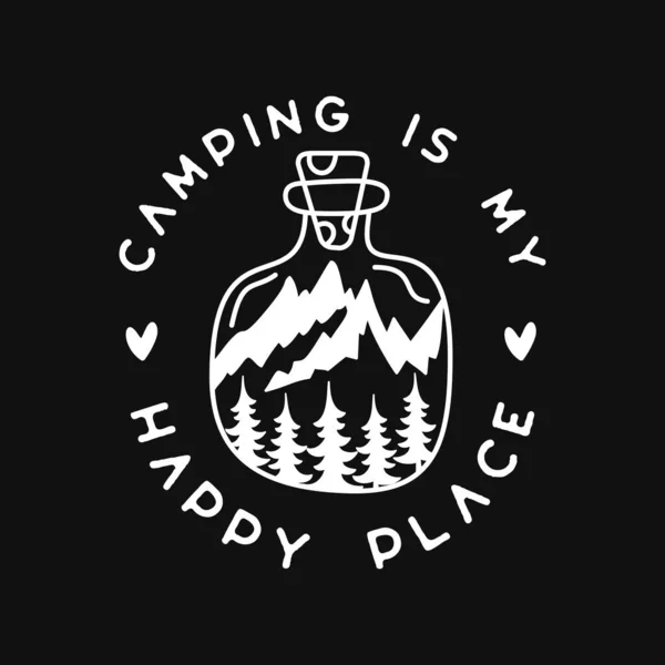 Camping silhouette line art logo design. Vintage adventure linear badge design. Outdoor crest label with mountains inside the jar. Travel emblem isolated. Stock vector isolated — Stock Vector