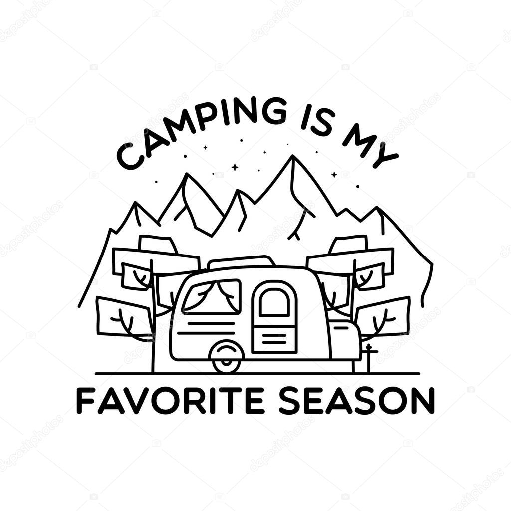 Camping line art logo design. Vintage adventure linear badge design. Outdoor crest label with mountains and RV trailer. Travel silhouette emblem isolated. Stock vector isolated