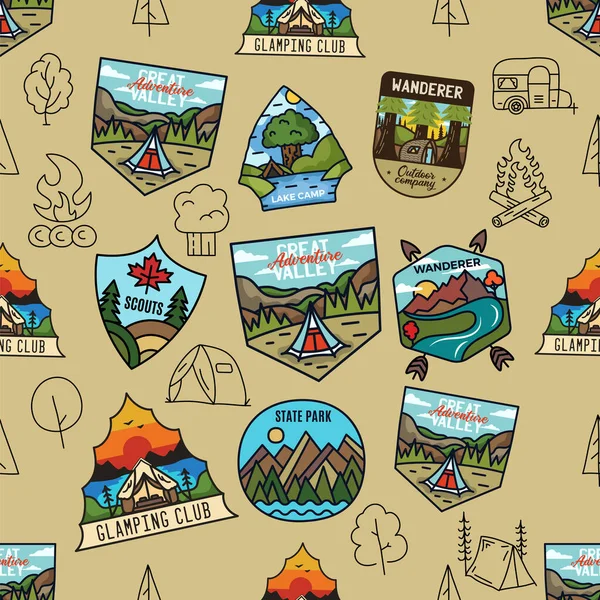 Premium Vector  Vintage mountain camp badges logos set, adventure patches.  hand drawn stickers designs bundle. travel expedition, backpacking labels.  outdoor hiking emblems. logotypes collection. stock vector.
