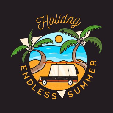 Yaz macera çıkartması tasarımı. Plaj ambleminde palmiyeler olan sörf arabası. Tatil - bitmeyen yaz alıntısı. Stok vektör grafikleri