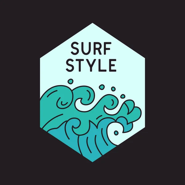 Logotipo de vetor de ondas azuis e inscrição Surf Style. Logotipo de impressão em fundo preto — Vetor de Stock