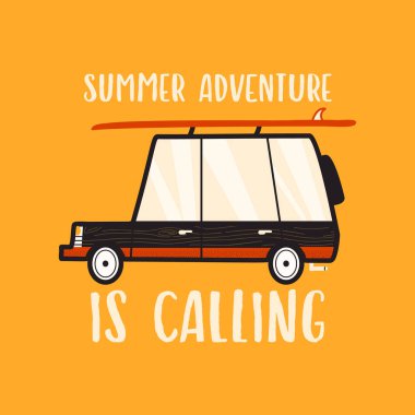 Sarı arka planda kamp minibüsü olan yaz macera konsepti vektör tasarımı