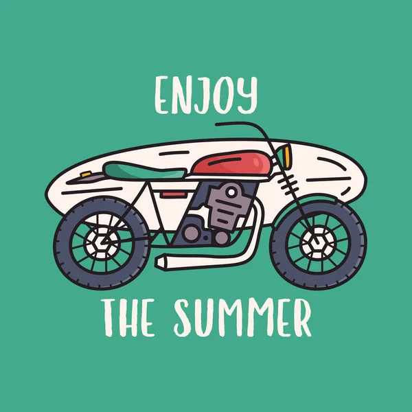 Summer adventure vector design with motorbike on green background — Stock Vector