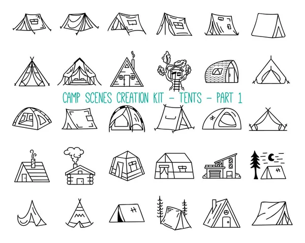 Set of linear icons of camping tents — Vector de stock