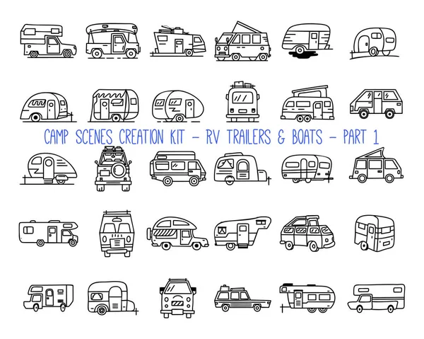 Set of linear icons of camper trailers — Vector de stock