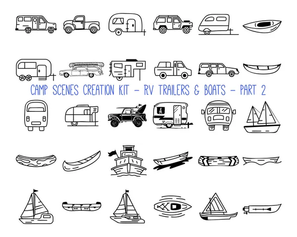 Ensemble d'icônes linéaires de remorques de camping-car. Partie 2 — Image vectorielle