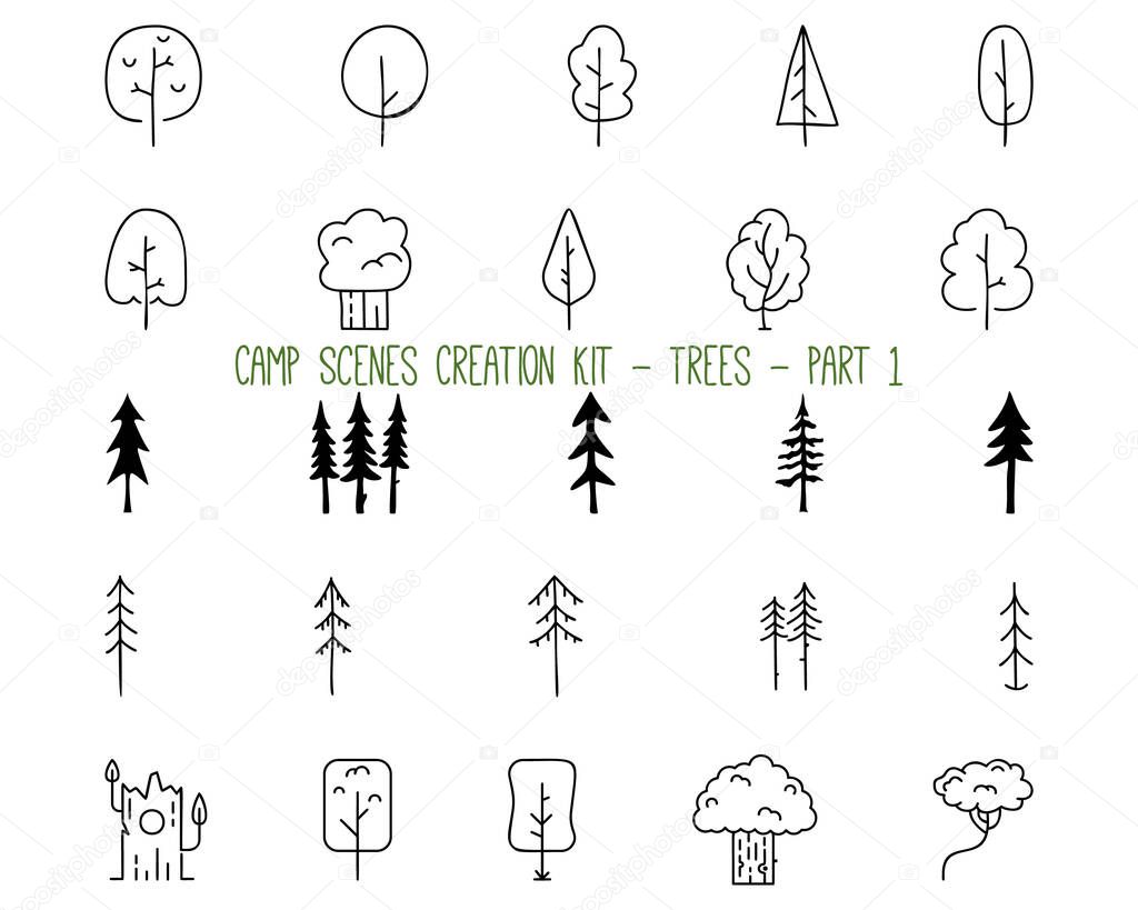 Set of linear icons of trees. Part 1