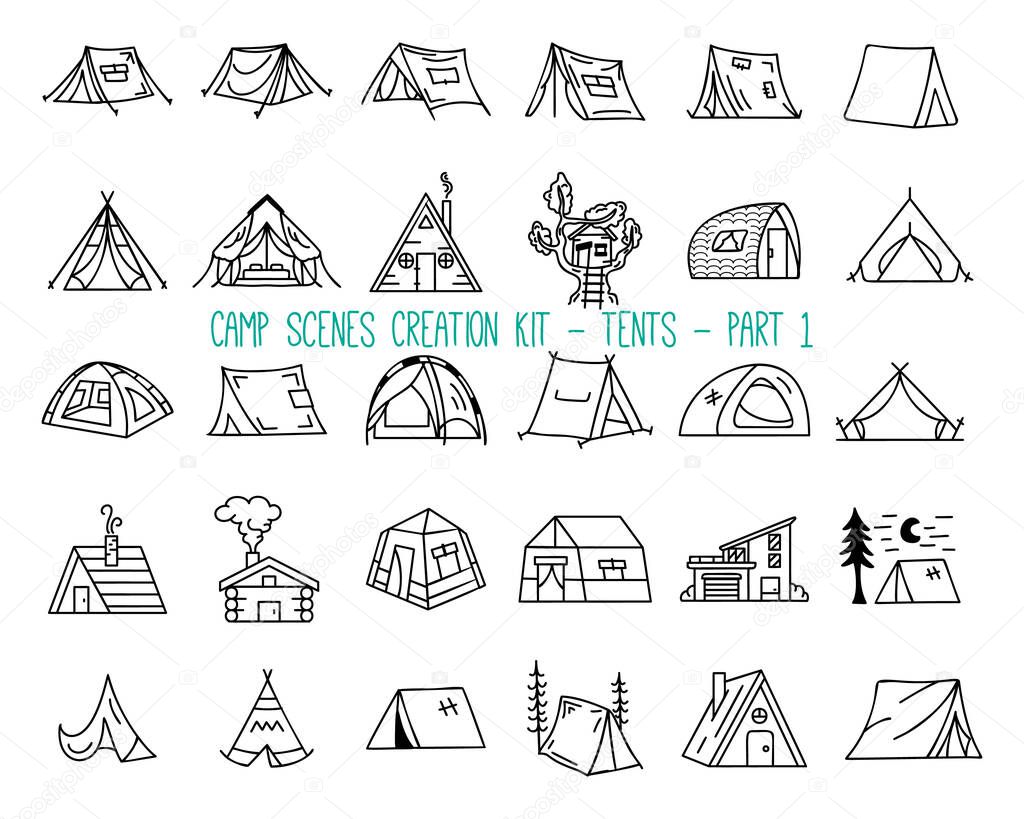 Set of linear icons of camping tents