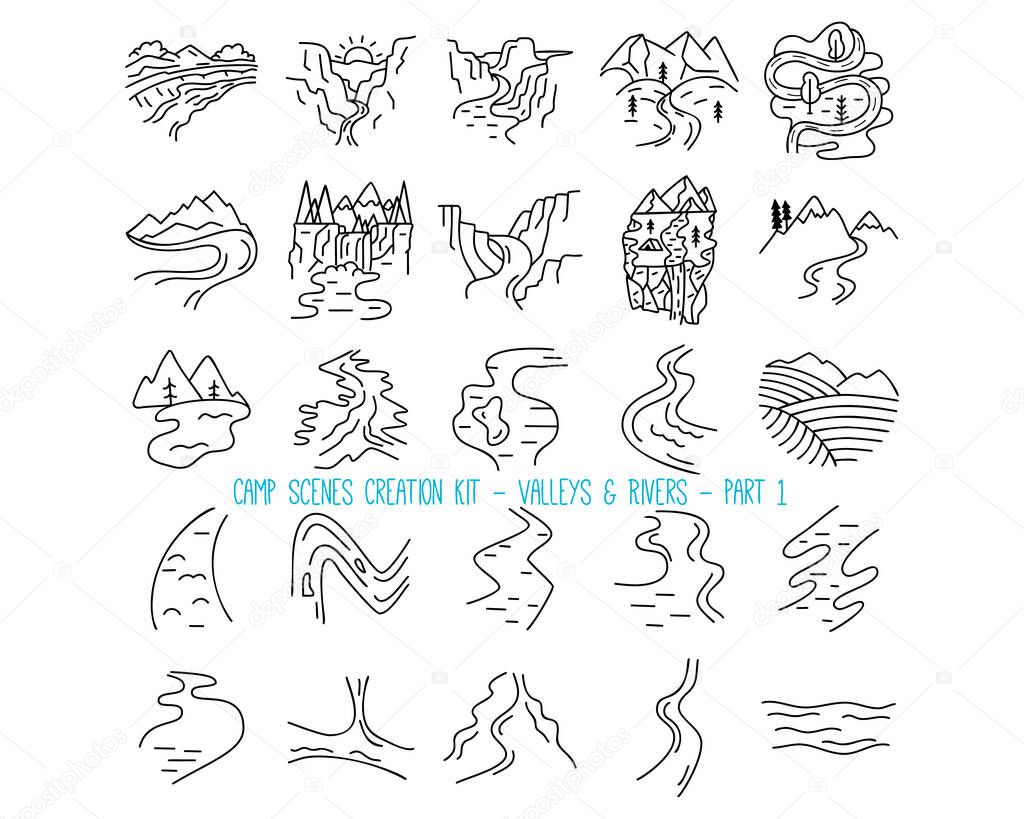 Set of mountain valleys and rivers icons