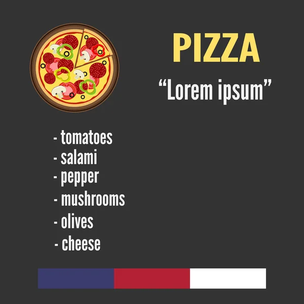 Pizza e ingredientes. Menu de pizza com a lista de ingredientes. —  Vetores de Stock