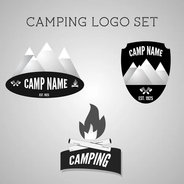 Set of silver outdoor adventure badges and campsite logo emblems. Summer 2015 banner. — Stock Vector