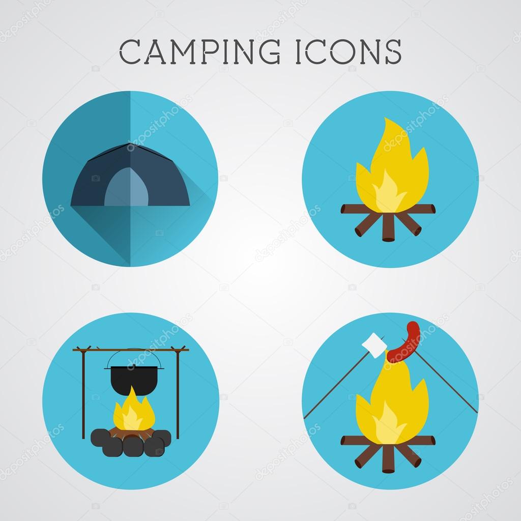 Set of camping symbols and icons. Flat design on blue buttons background. Summer vacation 2015 logo