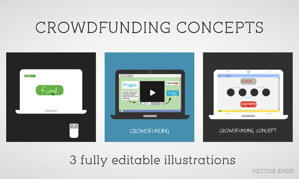 Vector crowdfunding concepts set. Online fund the project. Network donation. Sponsor using the internet. Flat design on colored background.