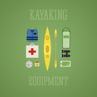 Kayak Ekipmanları simgeleri ayarlayın. Kayık resimde çok renkli bir tasarım üzerinde. Çadır, Pusula, hareket eden aygıt, dürbün, can yeleği, maçlar ve ecza