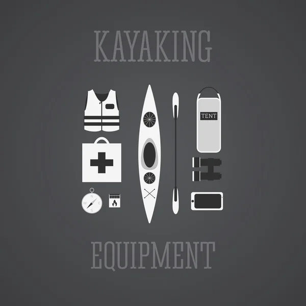 Kayaking equipment icons set. Kayak illustration on a grayscale design. With tent, compass, mobile device, binoculars, life jacket, matches and medicine chest — Stock Vector