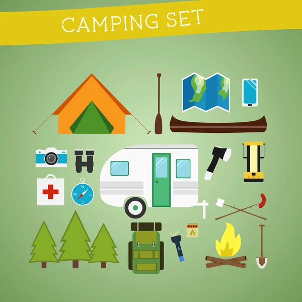 Bright cartoon camping equipment icon set in vector. Recreation, vacation and sport symbols. Flat design