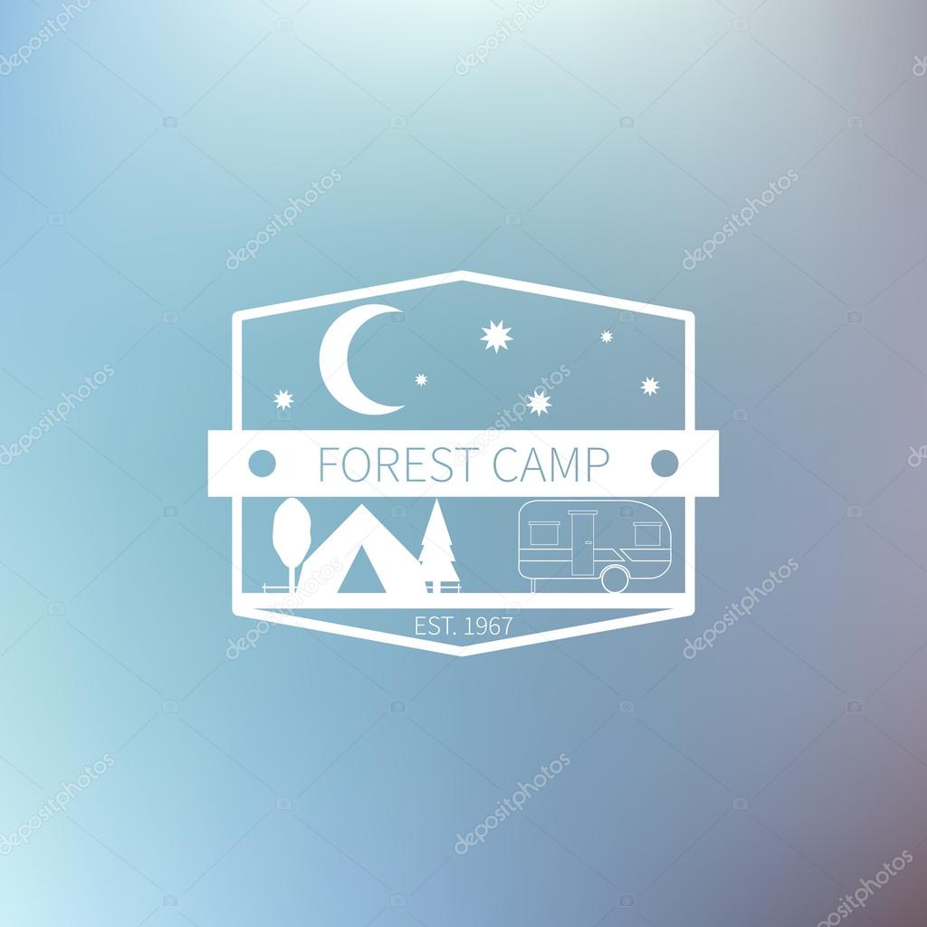 Trendy retro vintage badges and card with blurred background. Unusual design, camping theme. Vector illustration