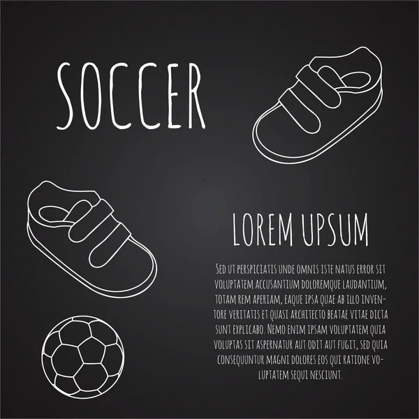 Modello per l'opuscolo di pubblicità con una sneakers e pallone da calcio su un gesso su una lavagna. Schema di progettazione — Vettoriale Stock