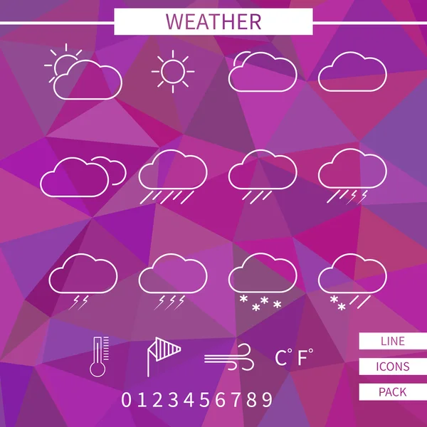 Weather icon set. White thin line elements on unusual polygonal pink background. Minimalistic design — Stock Vector