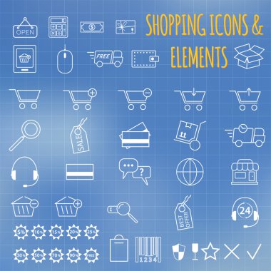 Shopping icon set. On bllue background. Outline. Can be use as elements in infographics, as web and mobile icons etc. Easy to recolor and resize.