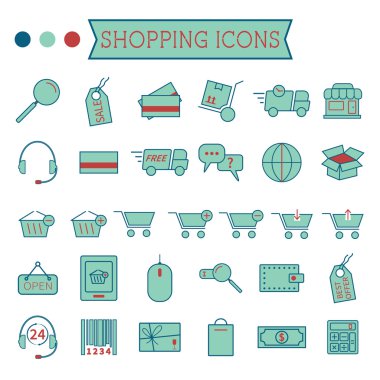 Beyaz arka plan üzerinde izole On-Line alışveriş simgeler kümesi. Stilize 3 renk. Minimalist tasarımı. Kullanım infographics unsurları olarak, web ve mobil simgeler vb olabilir. Yeniden renklendirme ve yeniden boyutlandırmak kolay.
