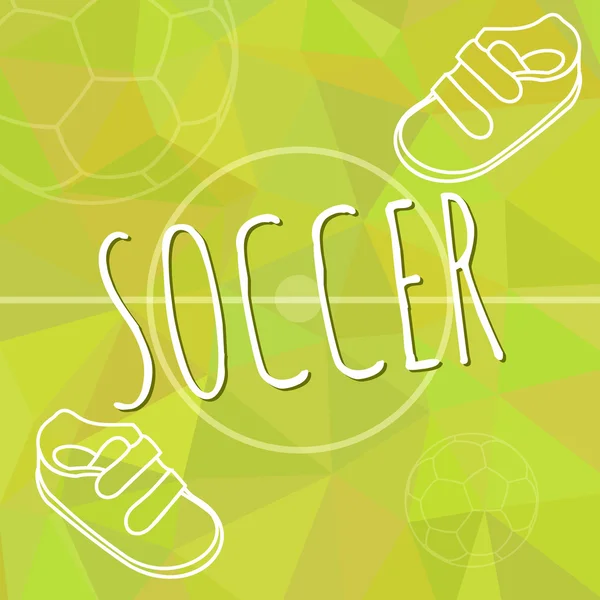 Modello per l'opuscolo di pubblicità con una sneakers e pallone da calcio su un verde fondo poligonale alla moda di primavera. Schema di progettazione — Vettoriale Stock