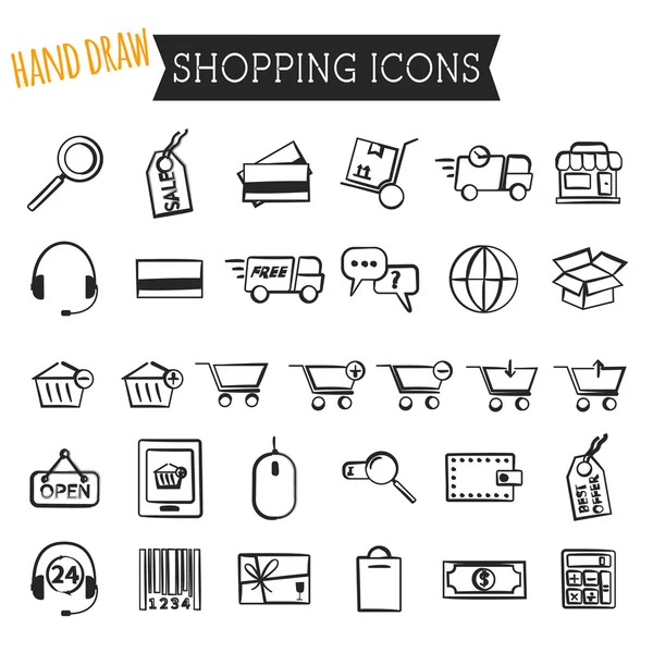 Set van On-Line winkelen iconen geïsoleerd op een witte achtergrond. Hand tekenen stijl. Overzicht. Kan worden gebruikt als elementen in infographics, als web- en mobiele pictogrammen enz. Eenvoudig te kleuren en vergroten of verkleinen. — Stockvector