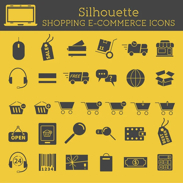 Set of  Silhouette On-Line Shopping icons isolated on yellow background. Cute design. Can be used as elements in infographics, logo, web and mobile app icons etc. Easy to recolor and resize. — Stock Vector