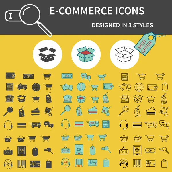 Conjunto de contorno, silueta y 3 colores iconos en línea compras aislados sobre fondo amarillo. Lindo diseño. Se puede utilizar como elementos de infografía, logo, web y aplicación móvil iconos etc.. — Vector de stock