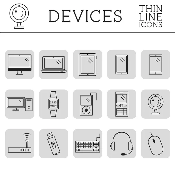 Trendy PC, computer, mobile gadgets and device line icons and buttons . Graphic vector symbols and elements of technologies. Can be used as buttons, elements in infographics, icons, logo. Easy to reco — Stock Vector