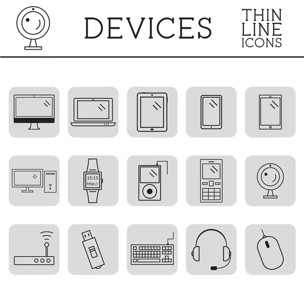 Na moda Pc, computador, dispositivos móveis e dispositivo linha de ícones e botões. Símbolos gráficos vetoriais e elementos das tecnologias. Pode ser usado como botões, elementos em infográficos, ícones, logo. Fácil de reco — Vetor de Stock