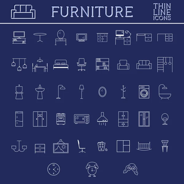 Ensemble d'icônes de contour de meubles. Conception mince ligne. Accueil éléments et symboles sur fond dlue. — Image vectorielle