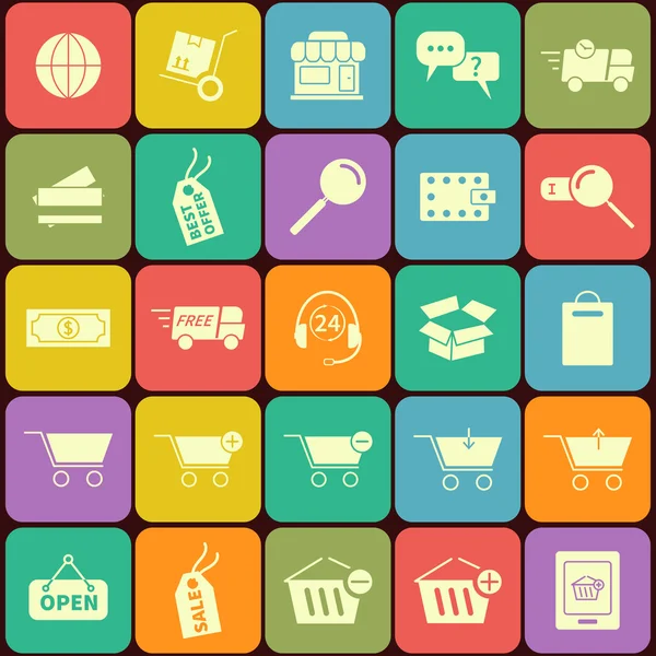 Set of shopping icons in flat design. On multicolor buttons — Stock Vector