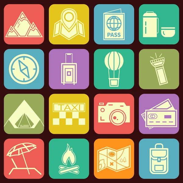 Modern flat traveling and camping icons vector collection in stylish multicolor buttons backgrounds. Vacation theme. – stockvektor