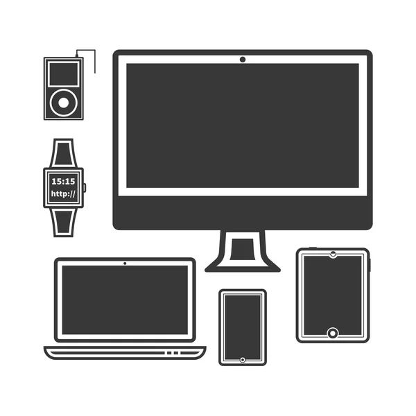 Dispositifs de conception plate de Silhouette. PC, tablette, mobile, regarder, smartphone, lecteur de musique portable isolé sur fond blanc. — Image vectorielle