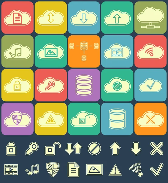 Silueta nube almacenamiento, análisis de datos, red de los iconos de configuración de tecnología plana conjunto aislado en botones multicolor. — Archivo Imágenes Vectoriales