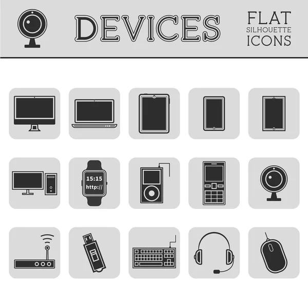 Na moda de silhueta de Pc, computador, dispositivos móveis e dispositivo linha de ícones e botões. Símbolos gráficos vetoriais e elementos das tecnologias. Pode ser usado como botões, elementos em infográficos, ícones, logotipo — Vetor de Stock