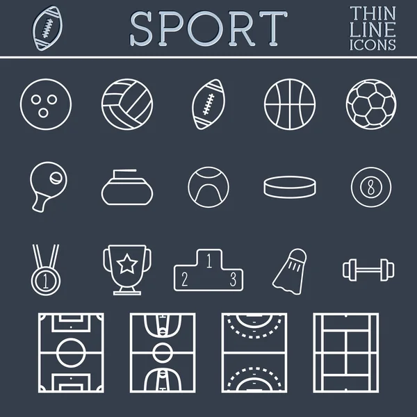 Contour Sport icons, conception de ligne mince mode, fond bleu foncé. Football, volley-ball, basket-ball et autres jeux. Peut être utilisé sur le web et application mobile, infographies, logo. — Image vectorielle
