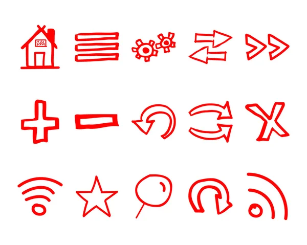 Hand drawn web icons and logo, arrows, internet browser elements set. Sketch, doodle stylish and unusual design. Isolated on white background. — Stockový vektor