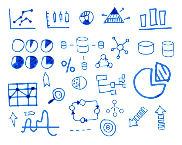 Business finance doodle hand drawn. sketched elements. Concept - graph, chart, pie, arrows signs. Isolated on white background. Unusual design. — Stock vektor