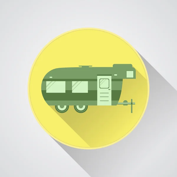 RV camping icon logo and badge. Caravan button in flat design with long shadow. Motorhome. Isolated on light background. — Wektor stockowy