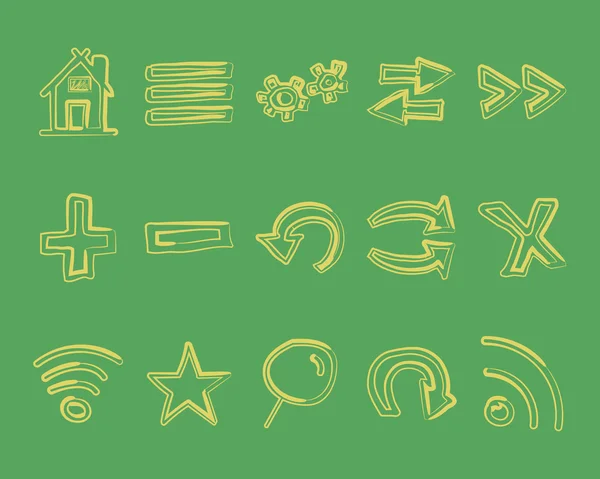Hand drawn web icons and logo, arrows, internet browser elements set. Sketch, doodle style. Unusual retro vintage design. Isolated on green background. — Stockvector