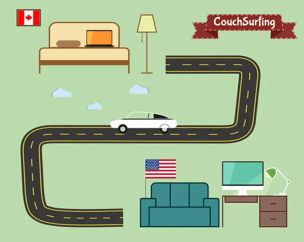 Couch surfing concept. Travel infographic. Share your sofa. Car on the road. 2015. Travel all over the world for free. Can be used as poster, banner, card, template etc. Flat minimalistic design. — Stock Vector