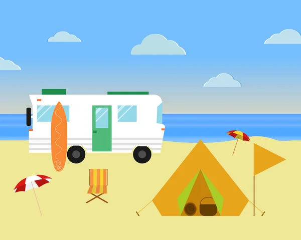 Vintage camping concept. Retro caravan, motorhome, rv on the beach, summer vacation, and holiday. Flat design. Vector —  Vetores de Stock