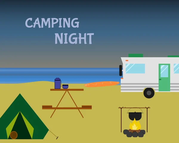 Vintage camping night concept. Retro caravan, motorhome, rv on the beach, summer vacation, and holiday. Flat design. Vector — Stok Vektör