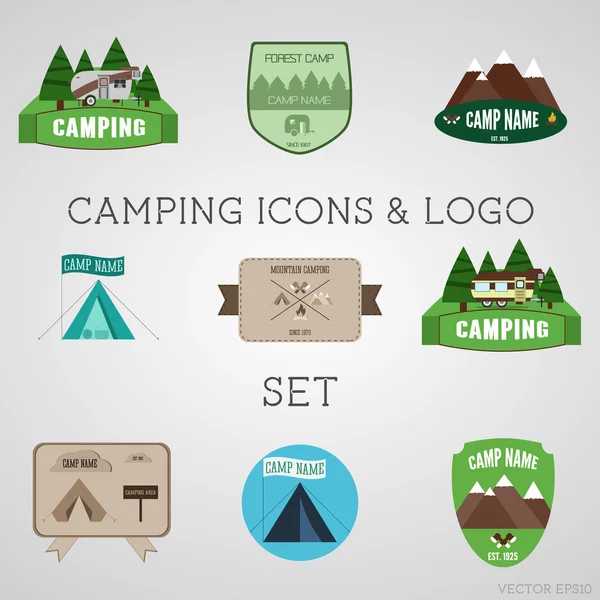 Set of outdoor adventure badges and campsite logo emblems. Summer 2015 stickers. — Stock Vector