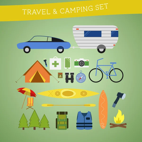 Bright cartoon travel and camping equipment icon set in vector. Recreation, vacation and sport symbols. Flat design