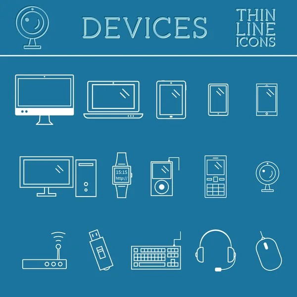 Trendy PC, computer, mobile gadgets and device line icons, mono vector symbols and elements of technologies. Can be used as buttons, elements in infographics, icons, logo. Easy to recolor and resize — Stock Vector