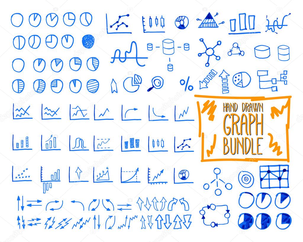 Set of outline doodle, sketched, hand drawn business management infographics elements, icons, arrows, charts, pies, analytic and statistic symbols. Mega bundle. Isolated on white background. Vector